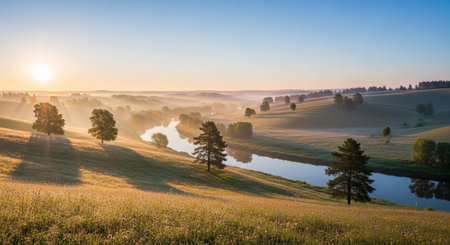Sunrise over the meadow and the river in the morning.