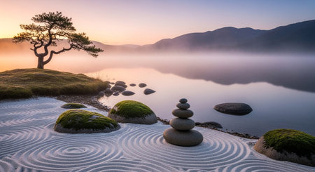 Zen stones on the beach in the morning mist with lonely pine tree