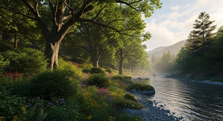 Beautiful summer landscape with lake and trees. 3d render.の写真素材