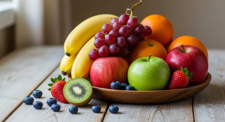 Fruits in a wooden plate on a wooden table, selective focus