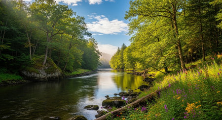 Beautiful spring landscape with river and green forest. Panoramic view.