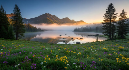Lake in the mountains at sunrise with flowers and fog in foreground.