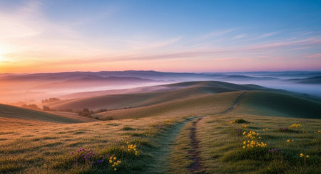 Sunrise in Tuscany, Italy. Panoramic view of foggy meadow.