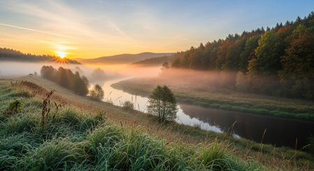 Foggy morning on the river. Beautiful autumn landscape. Ukraine, Europe.
