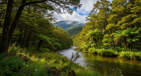 Landscape view of a river flowing through a forest in New Zealand