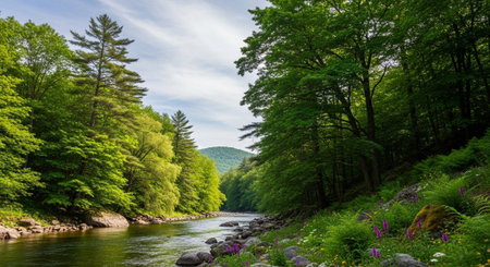 Beautiful spring landscape in the forest with a river in the foreground