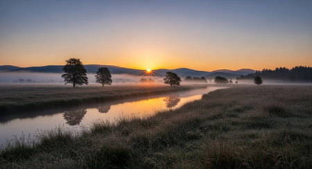 Sunrise over a misty meadow in the Scottish Highlands.