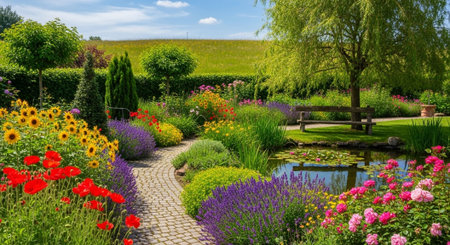 Beautiful flower garden in spring time. Landscape with blooming flowers.