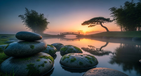 Stone bridge over the lake at sunrise. Panoramic view of a beautiful landscape.