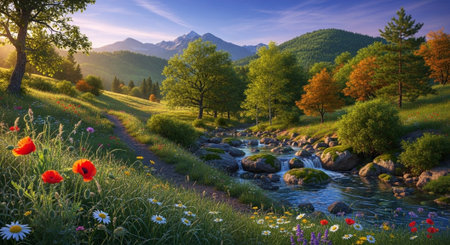 Beautiful summer landscape with a mountain river and poppies.の写真素材