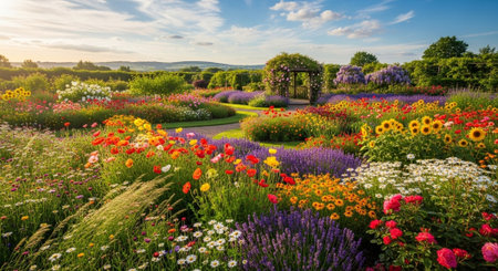 Beautiful flower garden at sunset in summer. Panoramic view