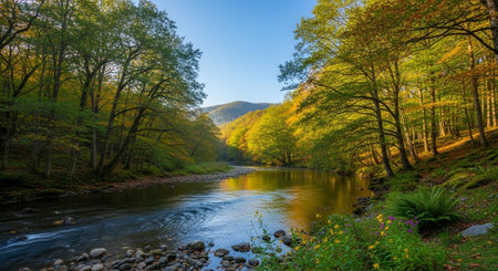Autumn landscape with river and forest in sunny day. Carpathians, Ukraine