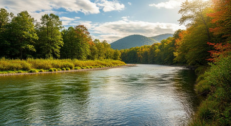 Autumn landscape with river, forest and mountains in the background.