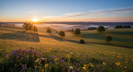 Sunrise over the fields and meadows of the Czech Republic.