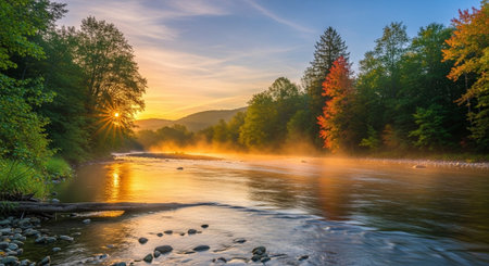 Sunrise over the river in the forest. Beautiful autumn landscape.