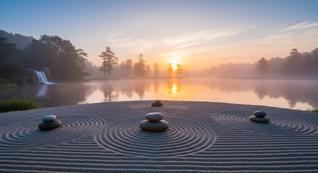 Sunrise at the lake in the morning with fog and stones on the foreground