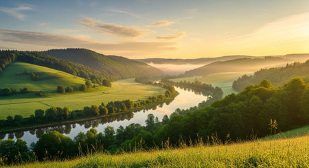 Beautiful summer sunrise over the river in the mountains. Ukraine, Europe.