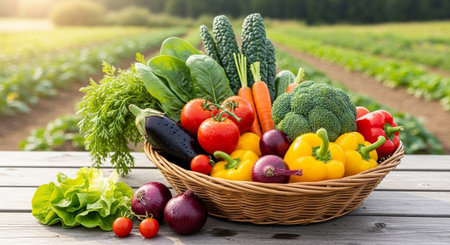 Fresh vegetables in a basket on a wooden table in the field.