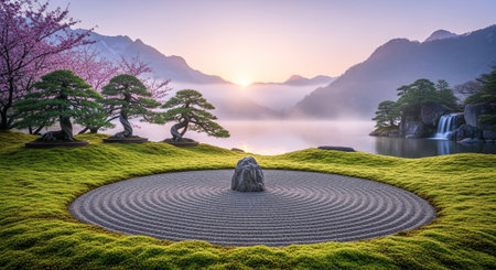 Japanese garden with pond and mountain range at sunrise.