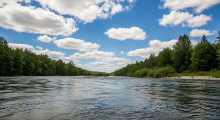 Summer landscape on the river with a blue sky and white clouds.