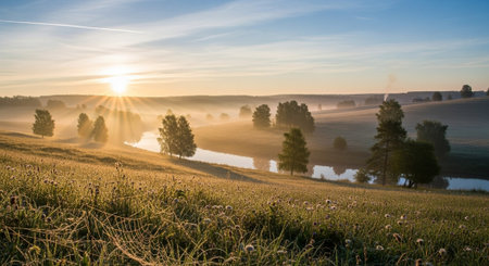 Sunrise over a foggy meadow with dandelions in the foreground