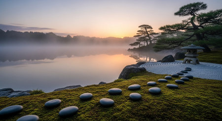 Panoramic view of japanese garden at sunrise in the morning