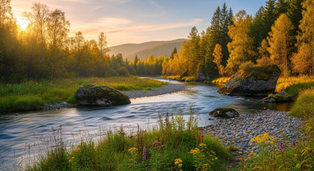 Landscape with a river in the Altai Mountains, Russia.