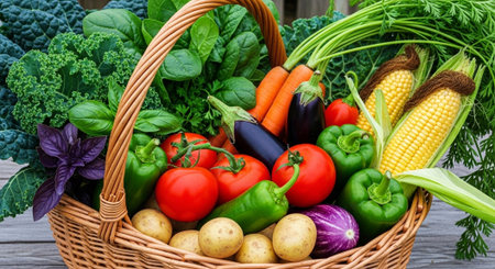 Fresh vegetables in a wicker basket on a wooden background, top view