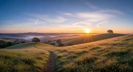 Panoramic view of beautiful sunrise over rolling hills in the countryside