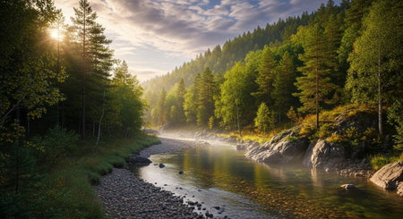 Landscape with river and pine trees in Carpathian mountains, Ukraine