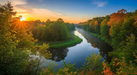 Panoramic view of the river at sunset. Nature composition.