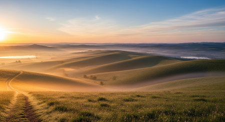 Panoramic view of Tuscany hills at sunrise, Italy