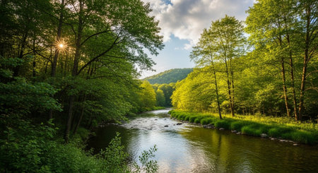 Landscape with river in the forest at sunset. Beautiful summer landscape.