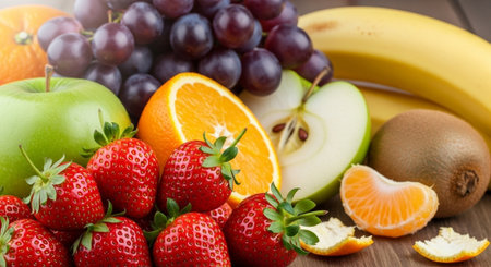 Fresh fruits and vegetables on a wooden table, healthy food, diet
