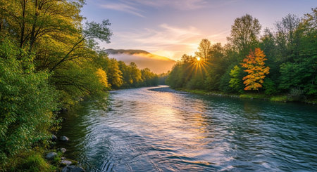 Panoramic view of the river in the forest at sunset.