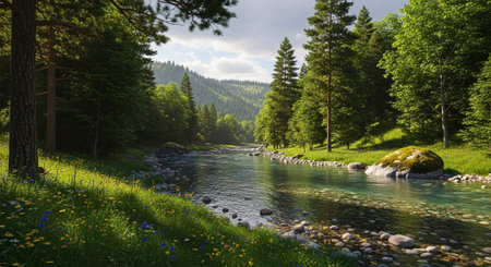 Landscape with a mountain river in the Carpathians, Ukraineの写真素材
