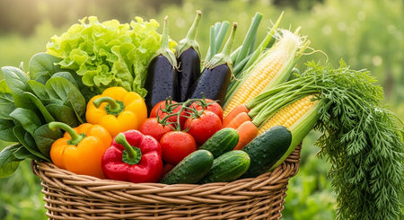 Fresh vegetables in a wicker basket on the background of the garden