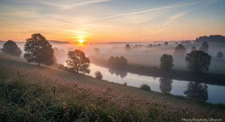 Sunrise over a foggy meadow with trees and a river