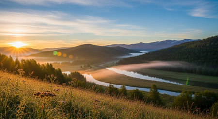 Foggy morning on the mountain lake. Carpathians, Ukraine