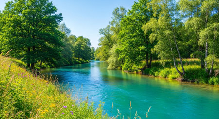 Panoramic view of the river in a sunny summer day.