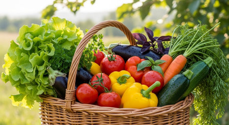 Fresh vegetables in a wicker basket on a background of green grass