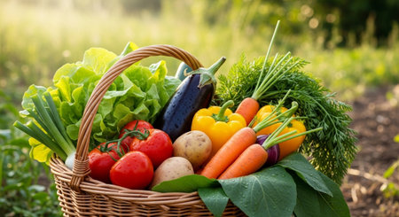 Fresh vegetables in a wicker basket on a background of the garden