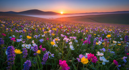 Sunrise over a field full of colorful wild flowers in spring.