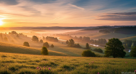 Foggy morning in the countryside. Landscape with sunrise and fog.