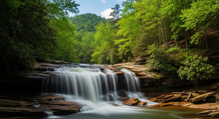 Beautiful waterfall in the forest, North Carolina, USA. Long exposure.