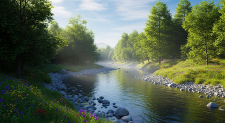 landscape with river and trees in a misty morning. 3d render