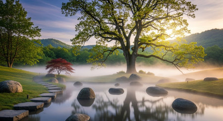 Early morning in the japanese garden with sun rays and fogの写真素材