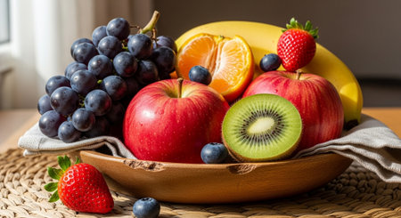 Fruits in a wooden bowl on a table in a kitchen.