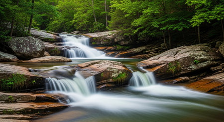 Mountain stream flowing through the forest. Long exposure. Beautiful landscape.の写真素材