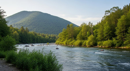 Panoramic view of the mountain river in the Carpathians